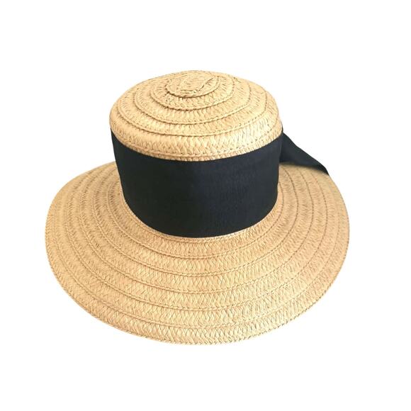 Four Buttons Straw Sun Hat Wide Brim Black Ribbon Coastal Chic One Size Summer main image 5